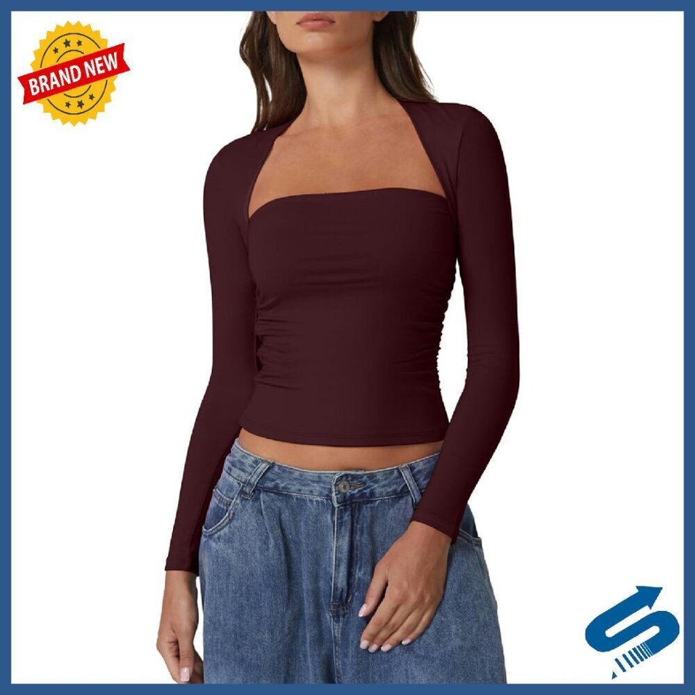 Long Sleeve Square Neck Crop Top Bodycon Fit High Stretch Fabric